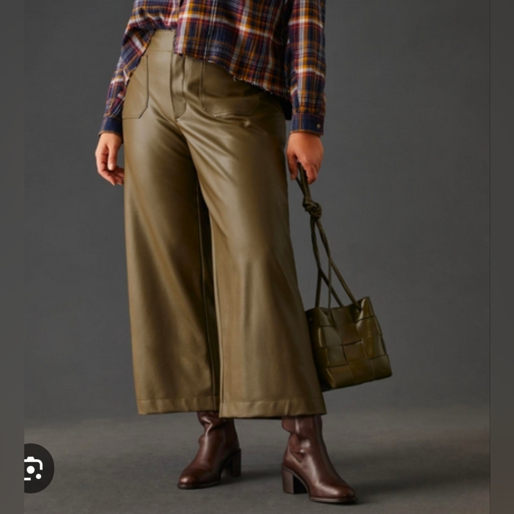 Anthropologie Maeve 26W The Colette Wide-Leg Faux Leather Pants Crop 24 Moss NWT
